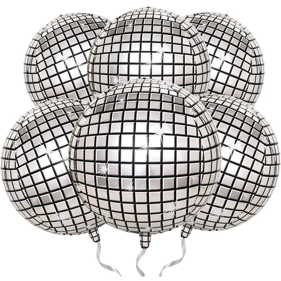 4E's Novelty 6 Pack 22" Silver Disco Ball Balloons with Straw, Disco Party Decorations