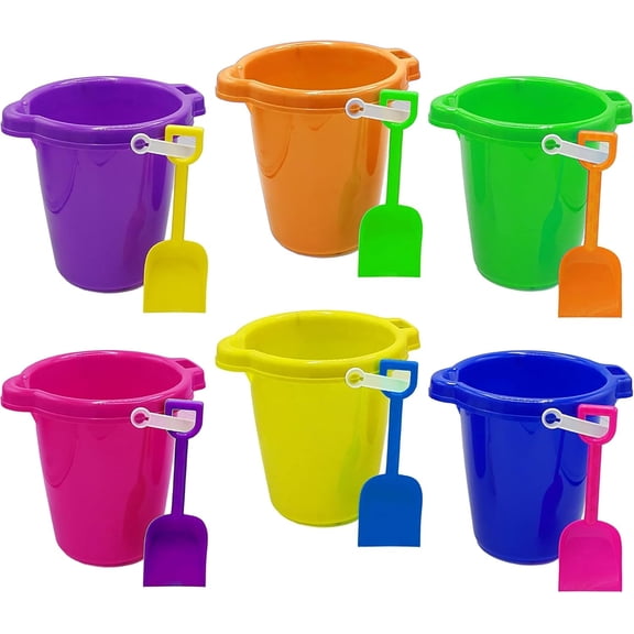 4E's Novelty 6 Pack Beach Buckets with Shovels, 7.5" Sand Buckets Bulk for Kids Outdoor Play