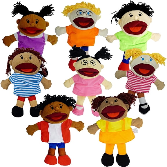 4Es Novelty Hand Puppets for Kids 8-pack, Movable Mouth Plush Toys