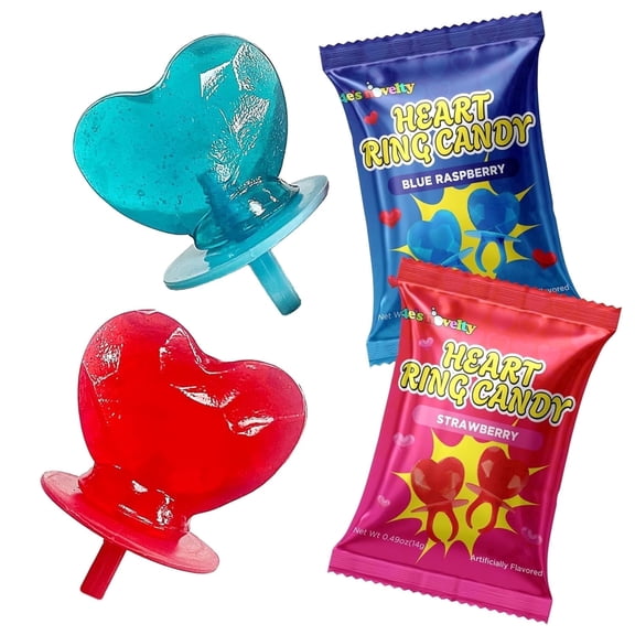 4E's Novelty 30 pack Heart Ring Candy, Individually Wrapped Berry Flavor Wearable Lollipops