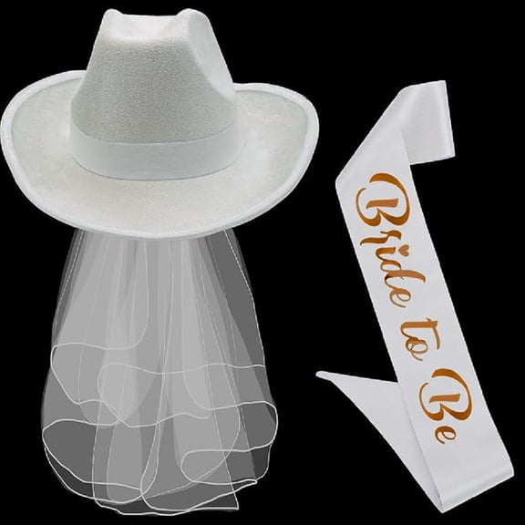 4E's Novelty Bride Cowgirl Hat with Veil & Bachelorette Sash, White Cowboy Hat