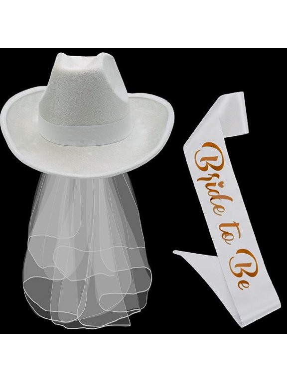 Bride Cowgirl Hat with Veil & Bachelorette Sash, White Cowboy Hat