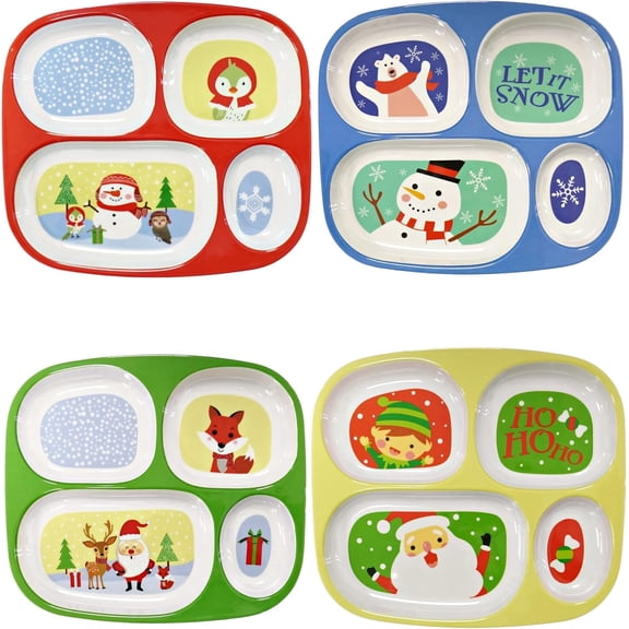 4E's Novelty Christmas Divided Plates for Kids, Set of 4 Melamine Holiday Dinner Plates, BPA Free