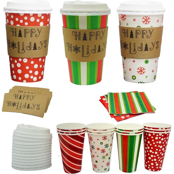 4E’s Novelty 12 Pack Christmas Paper Coffee Cups with Lids, Sleeves, Napkins, Cocoa Bar Set
