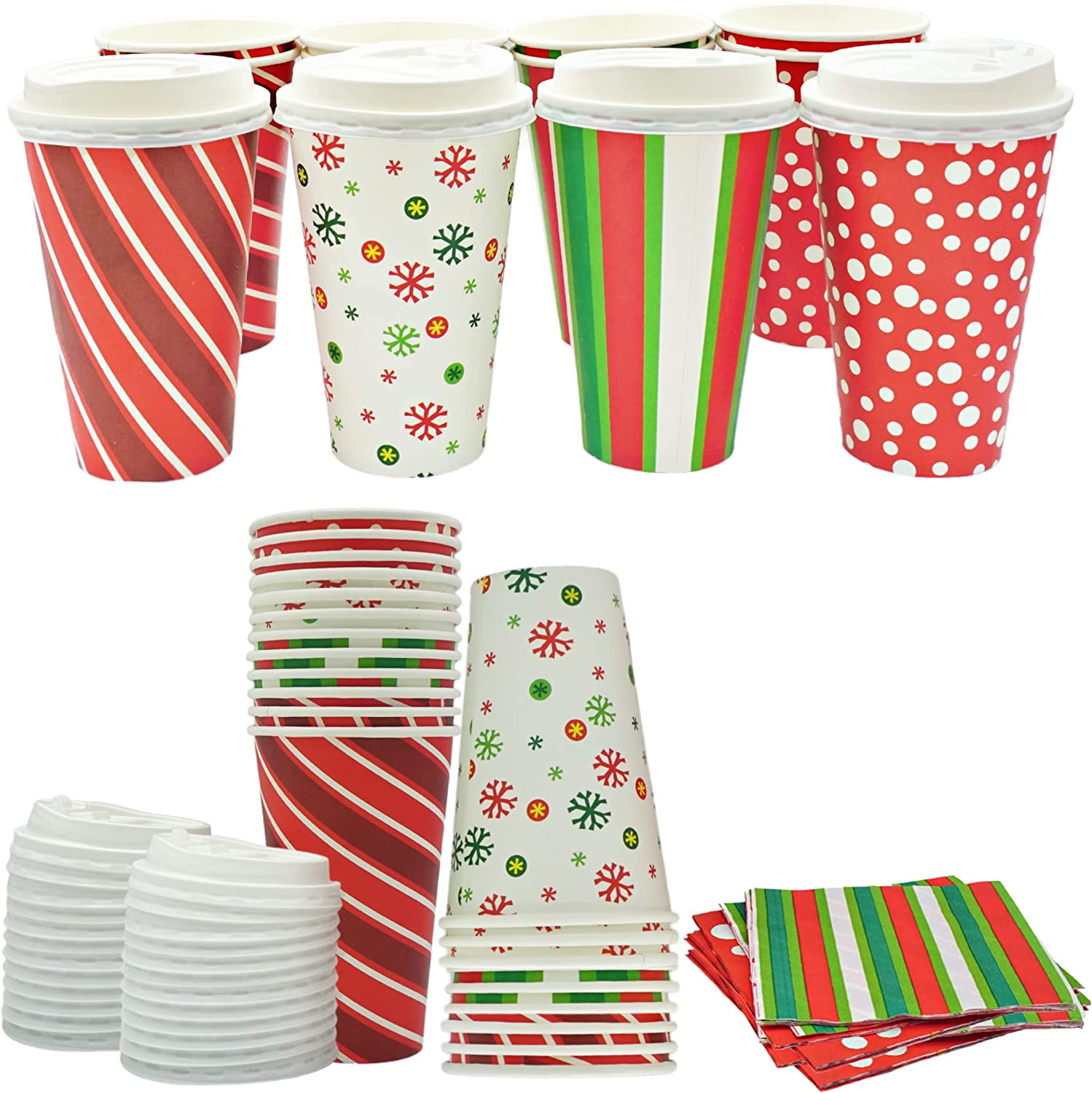 4E's Novelty Christmas Paper Cups Disposable 16 oz With Lids & Napkins (12 Packs) for Christmas Hot Cocoa Party Supplies, Hot Chocolate Bar