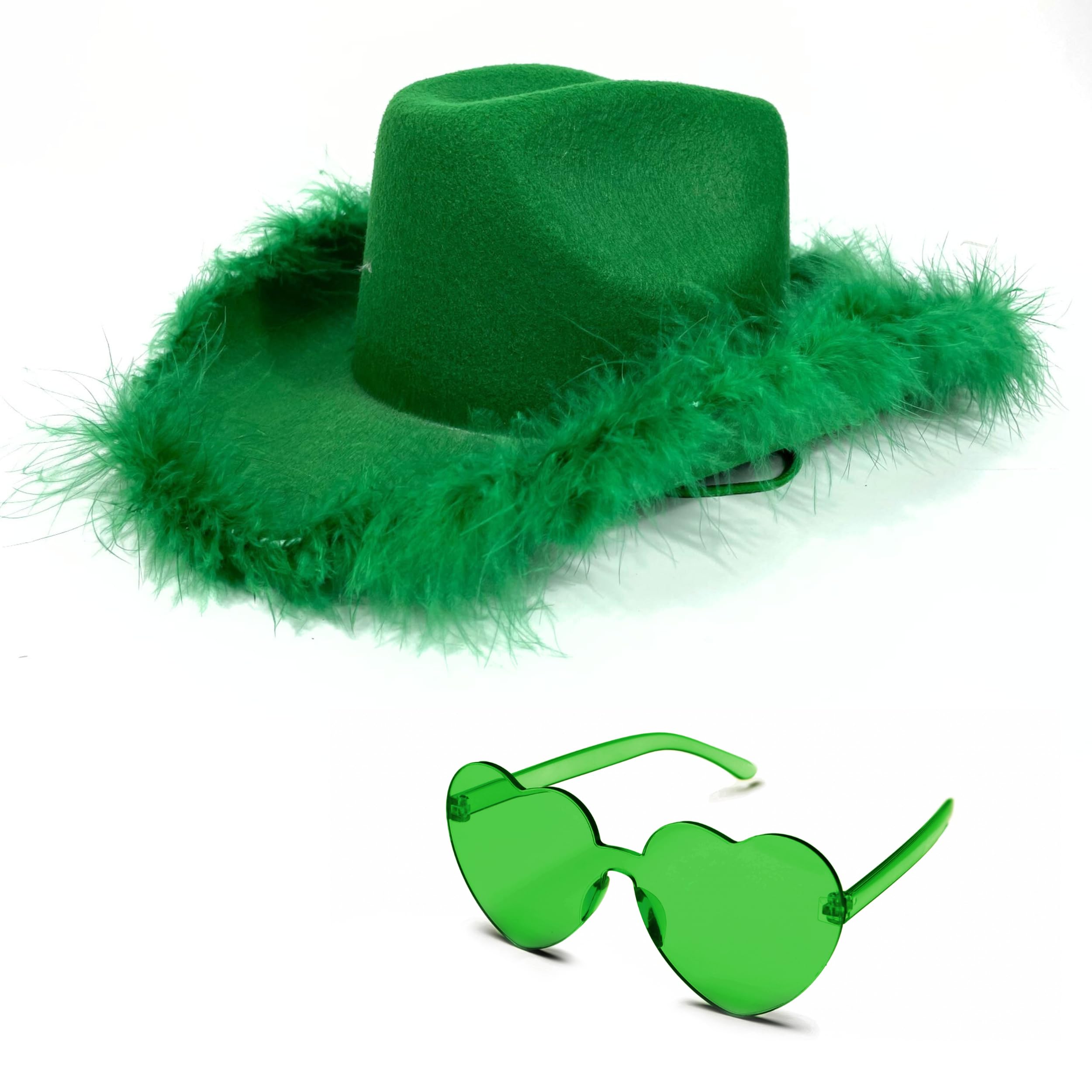 4E's Novelty Cowboy Hat with Feathers with Heart Shaped Sunglasses for