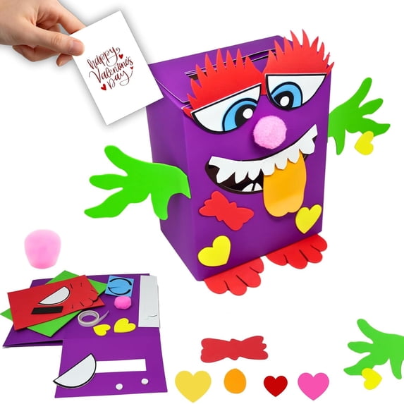 4E’s Novelty DIY Monster Valentine Card Box Craft Kit, Classroom Mailbox Activity for Kids
