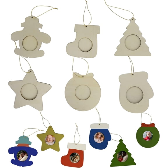 4E's Novelty DIY Wooden Picture Frame Christmas Ornaments 12 Pack Paint Crafts Unfinished Wood Decor