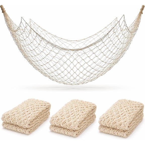 4E's Novelty Decorative Fish Net, Pack of 3 Natural Cotton Nets, 14 x 4 Ft Nautical Dcor