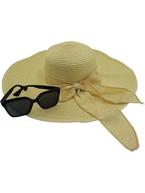 Beige Floppy Sun Hat with Polarized Sunglasses, UPF 50+ Packable Beach Hat