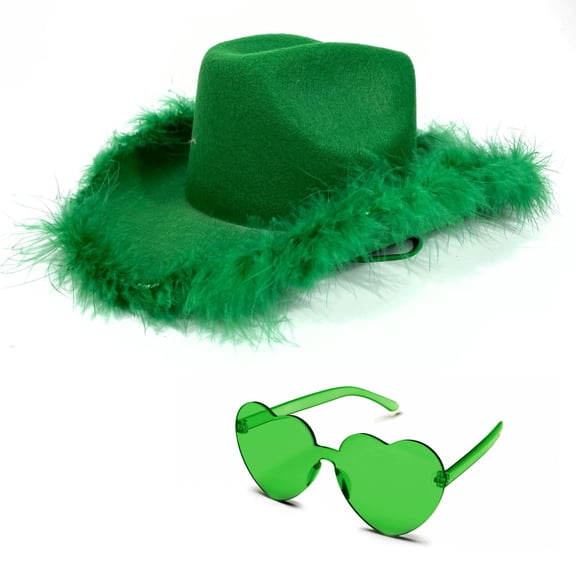 4E’s Novelty Green Cowboy Hat with Feathers & Heart Sunglasses – St. Patrick’s Day Fun