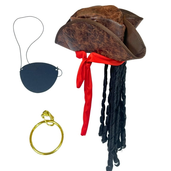 4E's Novelty Halloween Pirate Hat Set with Dreadlocks, Eye Patch, and Earring
