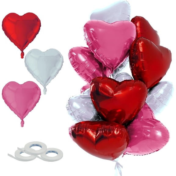 4E's Novelty 15 pack Heart Foil Balloons, Red/Pink/White, Valentine's Decor for Weddings