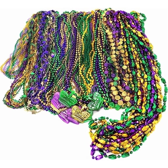4E's Novelty Mardi Gras Beads Bulk 100 Pcs Metallic Purple Gold Green Party Favors Masquerade Accessories for Adults