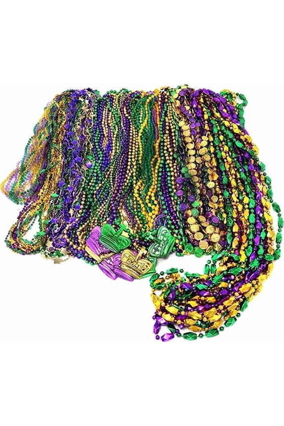 Mardi Gras Beads Bulk 100 Pcs Metallic Purple Gold Green Party Favors Masquerade Accessories for Adults