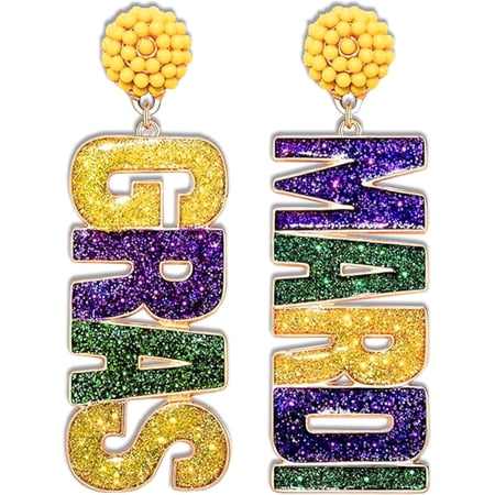 4E's Novelty Mardi Gras Beaded Dangle Earrings Purple Green Gold Festival Jewelry for Women 2.75"