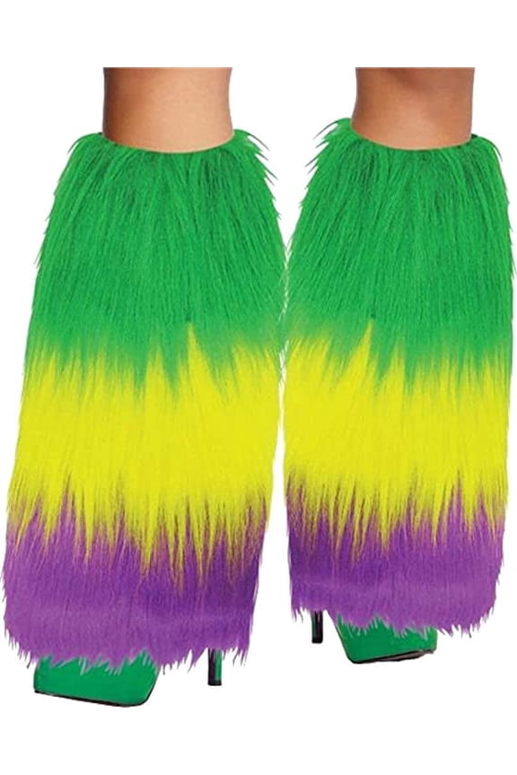 Mardi Gras Leg Warmers Faux Fur Purple Green Gold Boot Covers Costume Accessory Pair