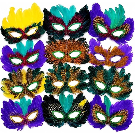 4E's Novelty 12 Pack Mardi Gras Feather Masks for Adults, Masquerade Party Costume Accessories