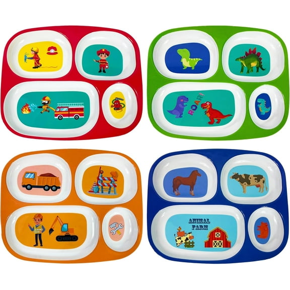 4E's Novelty Kids Divided Plates Set of 4 BPA Free Toddler Melamine Dinner Plates for Boys, Dishwasher Safe