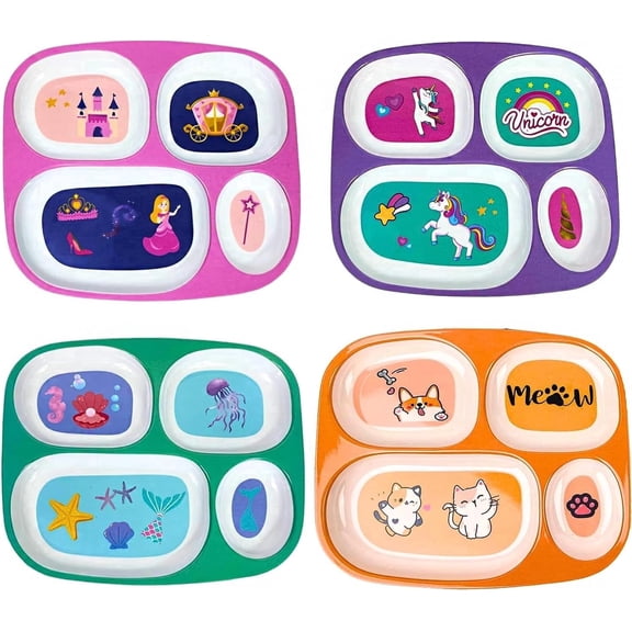 4E's Novelty 4 Pack Melamine Divided Dinner Plates for Girls, BPA Free Kids Plate Set