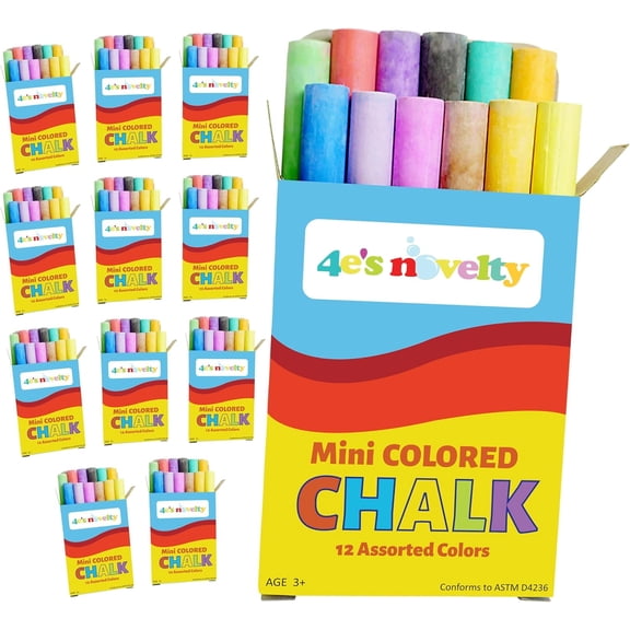 4E's Novelty Mini Sidewalk Chalk Set - 12 Boxes of Non-Toxic Chalk for Kids, Perfect for Summer Party Favors and Goodie Bag Stuffers