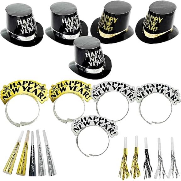 4E's Novelty 20 Pc New Year's Eve Party Kit 2026, 5 Black Gold, 5 Tiaras & 10 Noise Makers