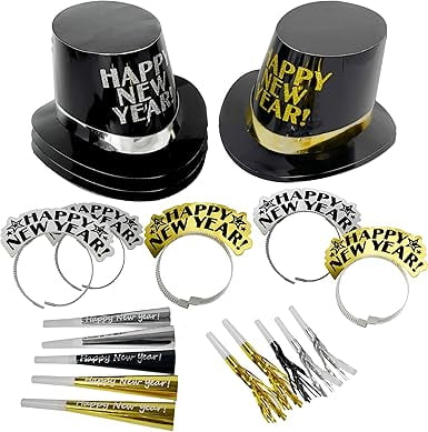 4E's Novelty NYE Party Supplies 2025 for 10 guests: 20 PCS sets with 5 Hats, 5 Tiaras, and 10 Noisemakers in Black, Gold, and Silver