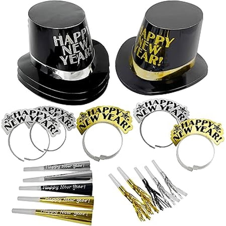 4E's Novelty NYE Party Supplies 2025 for 10 guests: 20 PCS sets with 5 Hats, 5 Tiaras, and 10 Noisemakers in Black, Gold, and Silver
