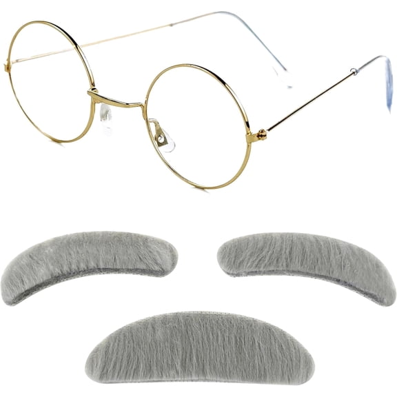 4E's Novelty Old Man Costume Accessories, Fake Glasses, Gray Mustache & Eyebrows, 100th Day