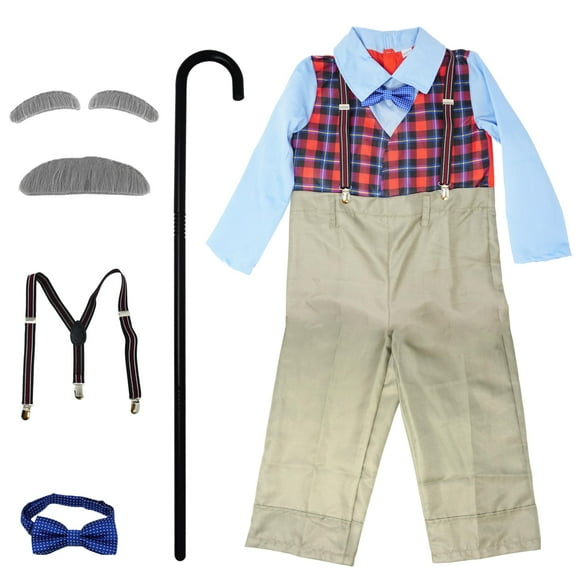 4E's Novelty Old Man Costume for Boys Grandpa Outfit with Cane, 6 Pcs Set, Size Large