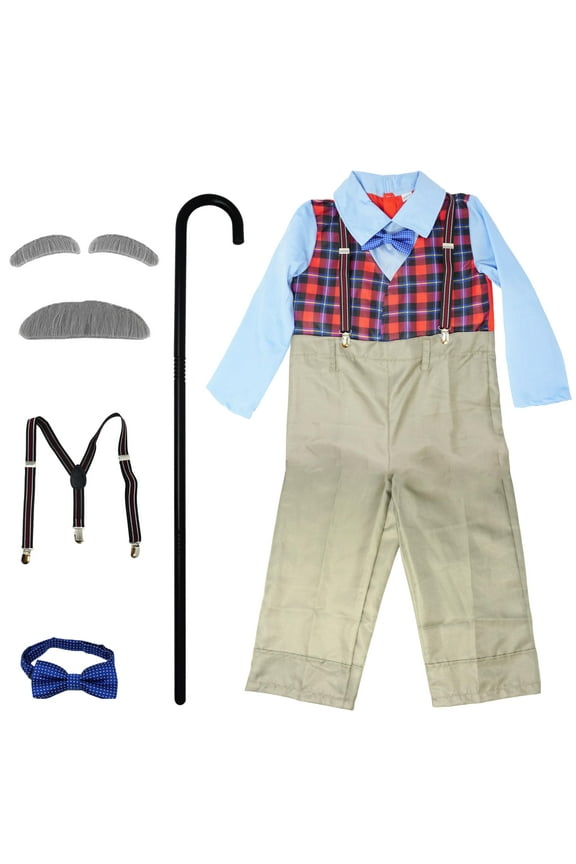 Old Man Costume for Boys Grandpa Outfit with Cane, 6 Pcs Set, Size Medium