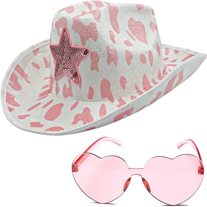 Cow Print Cowboy Hat with Heart Sunglasses, Western Costume Accessory JIANGLAI Cow Print Cowboy Hat with Feathers with Heart  main image 2
