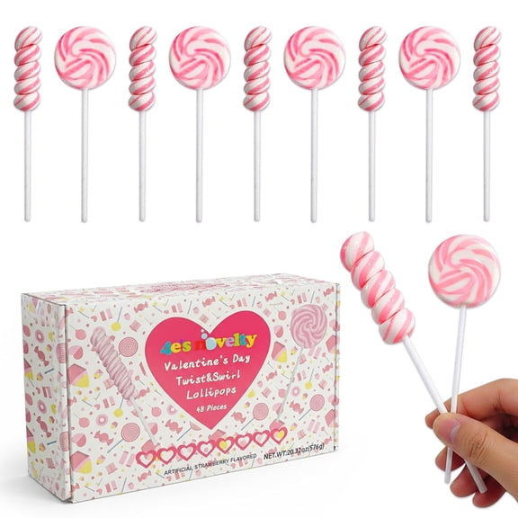 4E's Novelty Pink Swirl and Twist Lollipop (48 Pack) - Pink Swirl Lollipops Individually Wrapped Valentines Candy Bulk