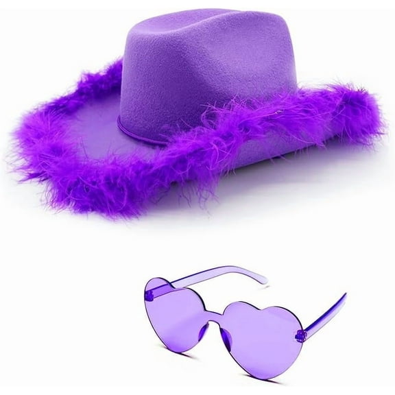 4E's Novelty Purple Cowboy Hat with Feathers & Heart Sunglasses  Fun Cowgirl Hat for Parties!