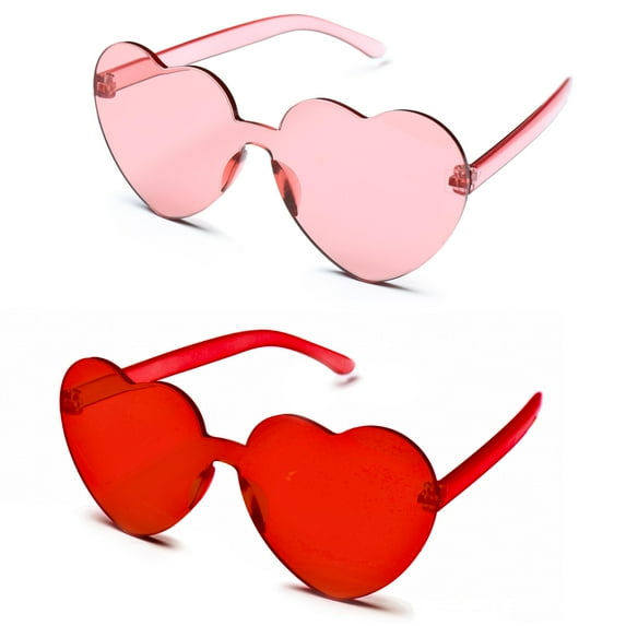 4E's Novelty Red & Pink Heart Sunglasses, Transparent Rimless Glasses for Parties