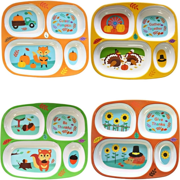 4E's Novelty Set of 4 Fall Thanksgiving Melamine Dinnerware Sets for Kids – Autumn Kids Plates With Dividers, BPA-Free Reusable Kids Sectioned Plates