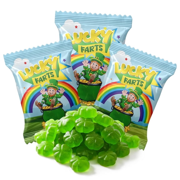 4E's Novelty St. Patrick's Day Lucky Farts Shamrock Gummies - 30 Individually Wrapped Bags (5 Pieces Each) Hilarious Green Gummy Candy