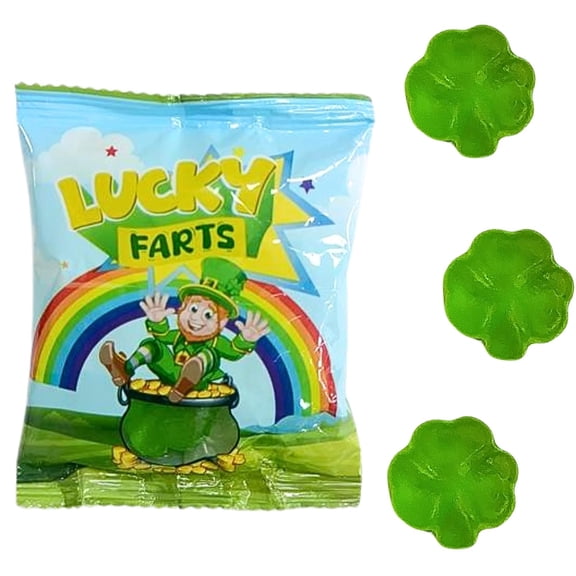 4E's Novelty St. Patrick's Day Lucky Farts Shamrock Gummies - 30 Individually Wrapped Bags (5 Pieces Each) Hilarious Green Gummy Candy