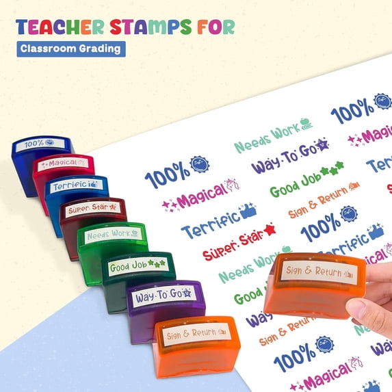 4E's Novelty 8 Pack Teacher Stamps Self Inking Grading Stamps Motivational Classroom Stamps for Kids School Use