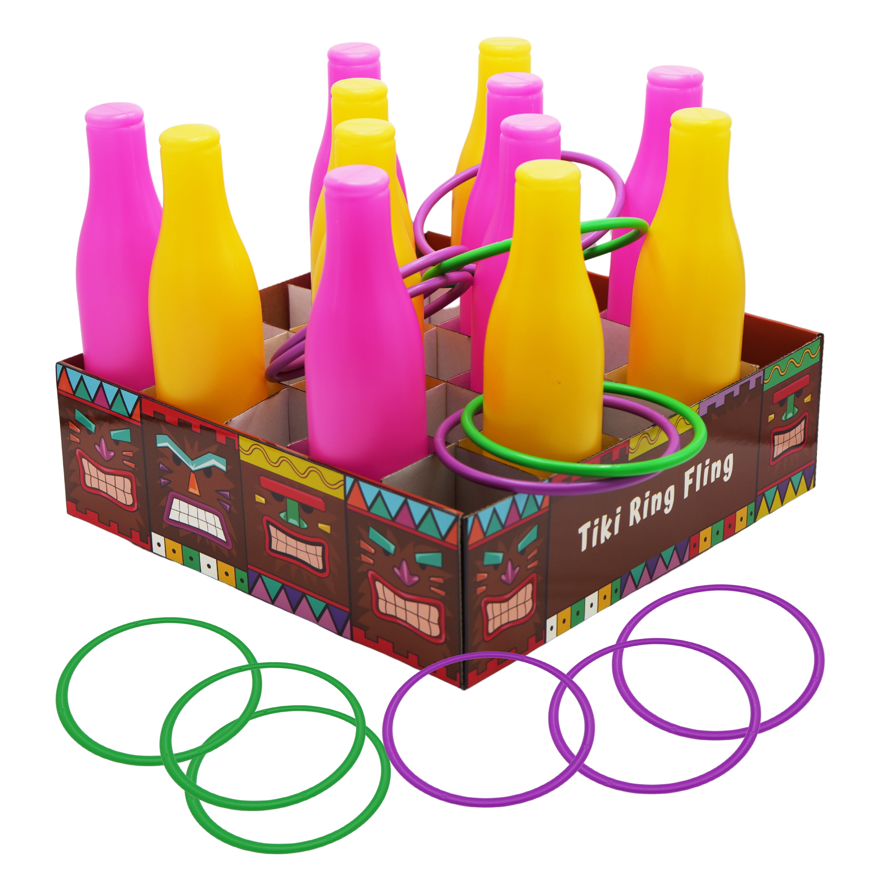 4E's Novelty Tiki Bottle Ring Toss Game Set, 12 Colorful Bottles, Luau Party Games