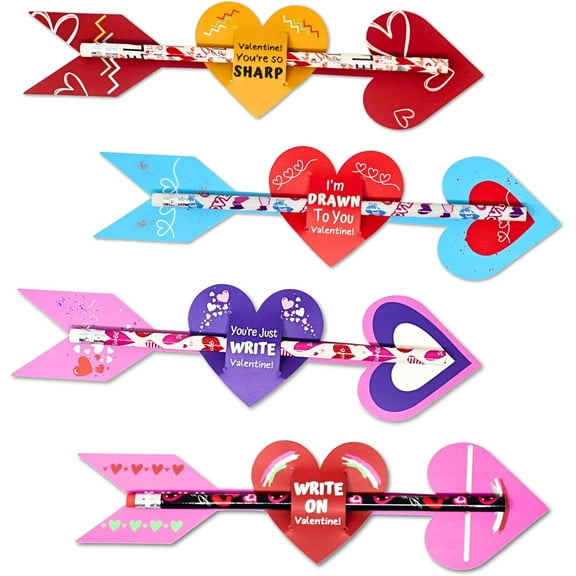 4E's Novelty Valentine Pencils with Cupid's Arrow Cards, Bulk Classroom Exchange, 36 Packs