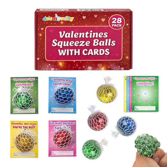 4E's Novelty Valentine Stretch Rubber Squeeze Balls Fidget Toys (28 Pack) - Squishy Ball Valentines for Class