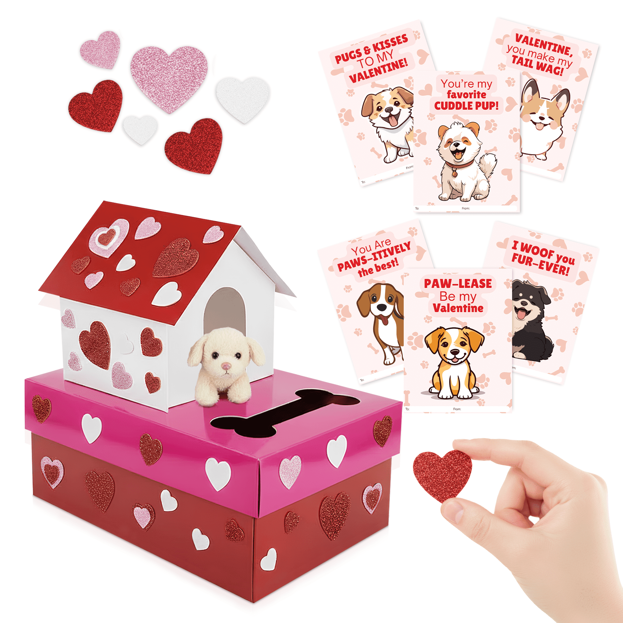 4E's Novelty 32-Piece Valentines Day Box and Cards for Kids, DIY Puppy Mailbox Craft Kit, Classroom Exchange, Includes Teacher Card and Heart Decorations