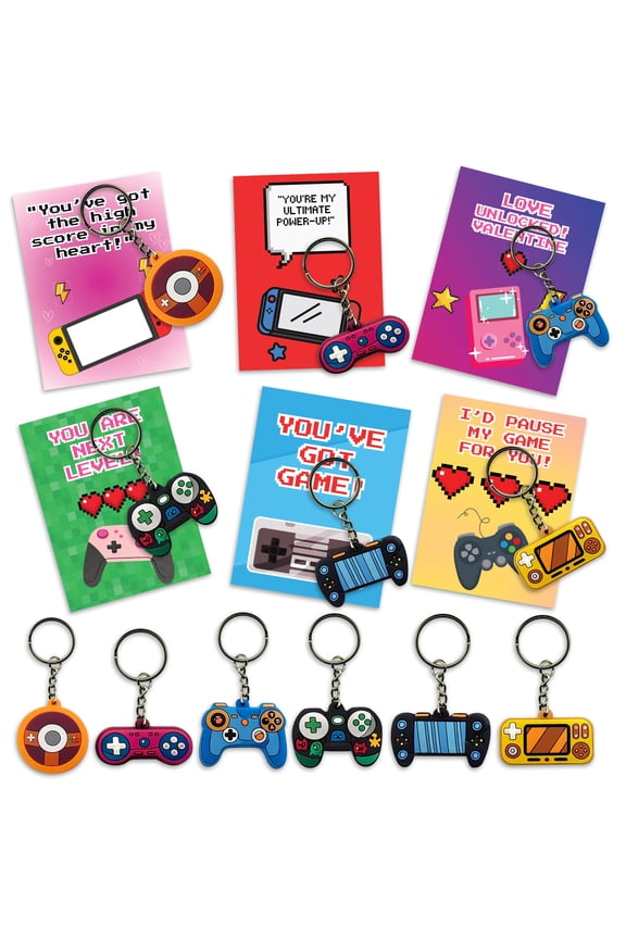 Valentines Day Gamer Keychain with Cards-30 Pack - Video Game Keychains Bulk