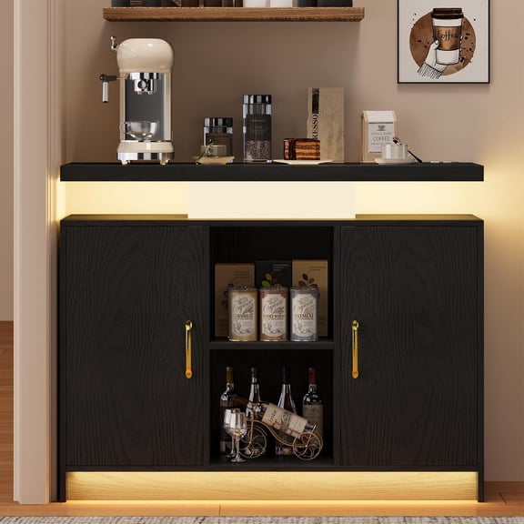 4EVER Winner 40" Coffee Bar Cabinet with Storage, Coffee Bar with Charging Station & 2 Adjustable Shelves, Floating Countertop, Kitchen Buffet Cabinet with LED Lights for Dining Room, Black