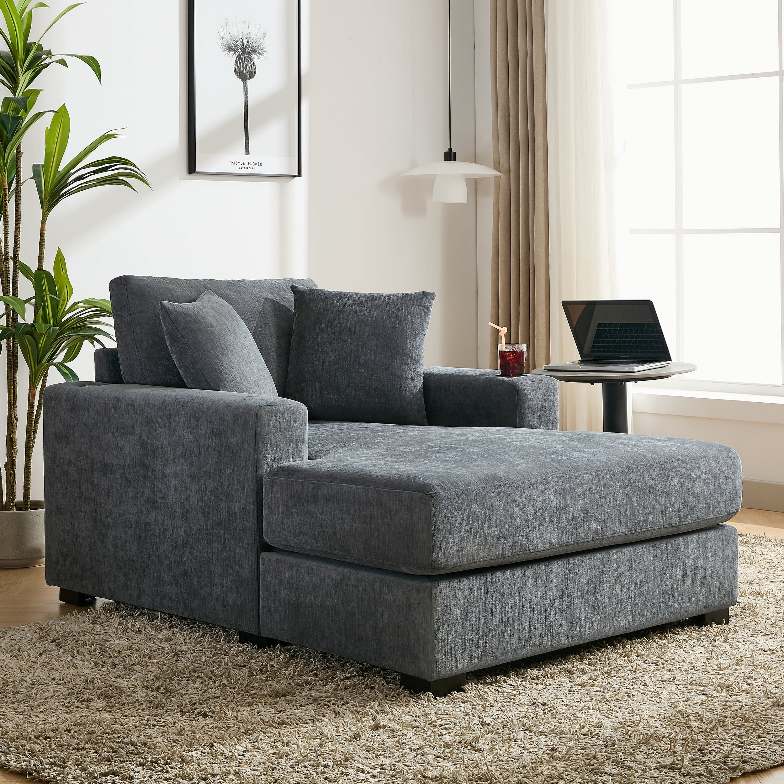 4Euroco 3.5" Oversized Chaise Lounger Modern Style Sofa Couch ,with Pillows, Charge Station & Cup Holders, Chenille Fabric, Blue Gray