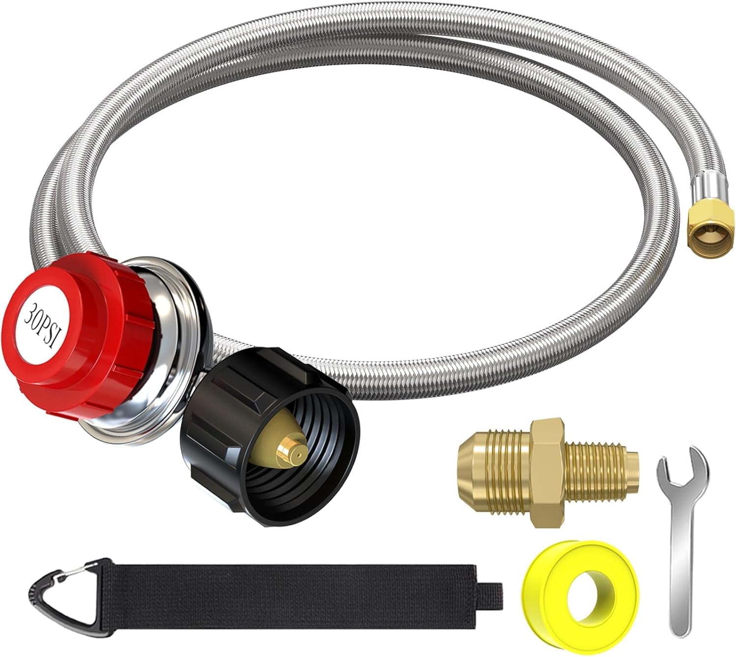 4FT 0-30 PSI Adjustable High Pressure Propane Regulator 30 psi Regulator Stainless Braided Propane Hose QCC1/Type1 Hose with 3/8 Flare x 1/8 MNPT Fits for LP Gas Cooker, Burner, Turkey Fryer, Smoker