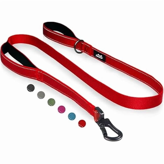 4FT 1IN Strong Red Dog Leash with 2 Padded Handles, Traffic Handle Extra Control, Comfortable Soft Dual Handle, Auto Lock Hook, Reflective Walking Lead for Small Medium and Large Dogs