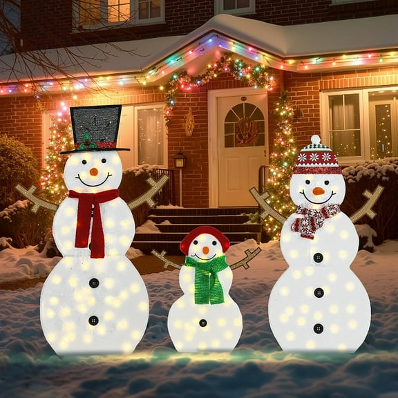 4FT 3PCS Snowman Family Set, 2D Large Outdoor Christmas Decorations, Light Up Christmas Decor with 130 Warm White LED Lights, Lighted Holiday Displays for Yard Decor, Porch, Patio, Lawn, Home, Garden