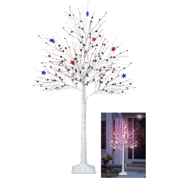 4FT 4th of July Decoration, Lighted Patriotic Tree with 48 LED Red White Blue Star Lights Artificial Birch Tree for Indoor Party Flag Day Independence Day Decor
